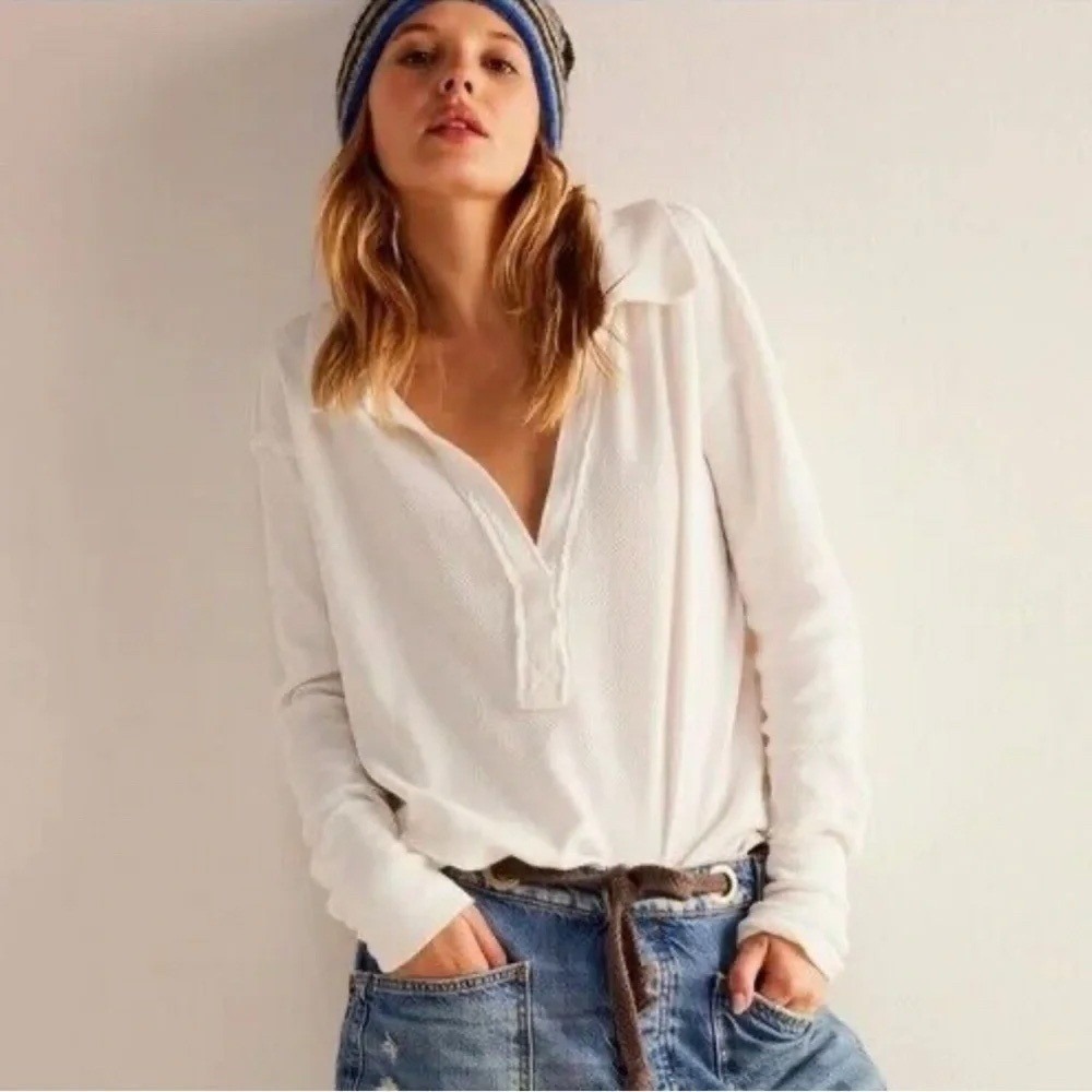 We The Free Free People NEW Anakin Waffle Knit Thermal V-Neck Top Small